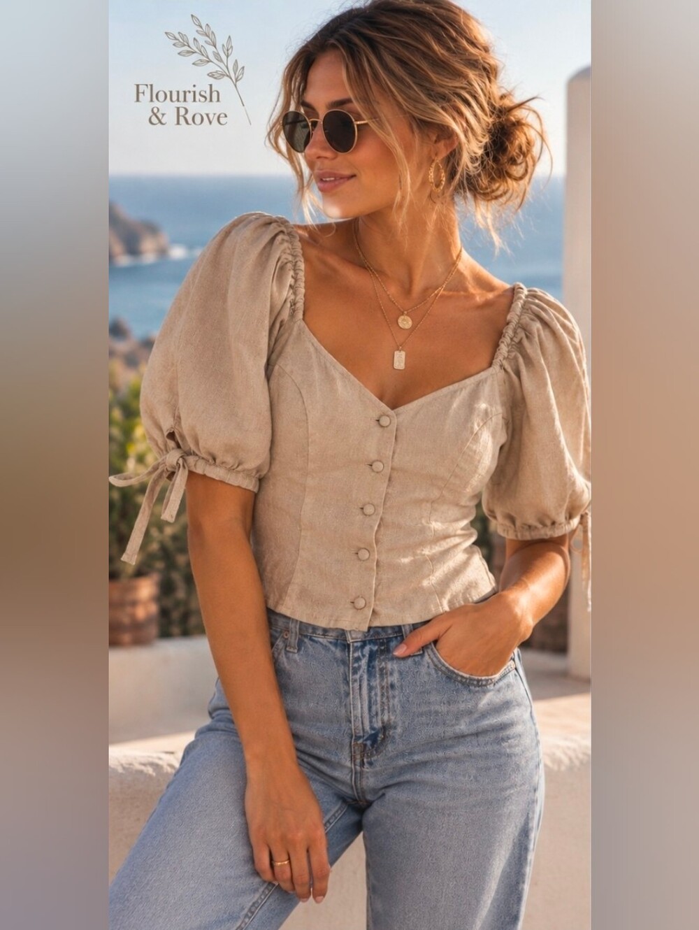 Linen Beige Puff Sleeve Button-Down Peasant Top